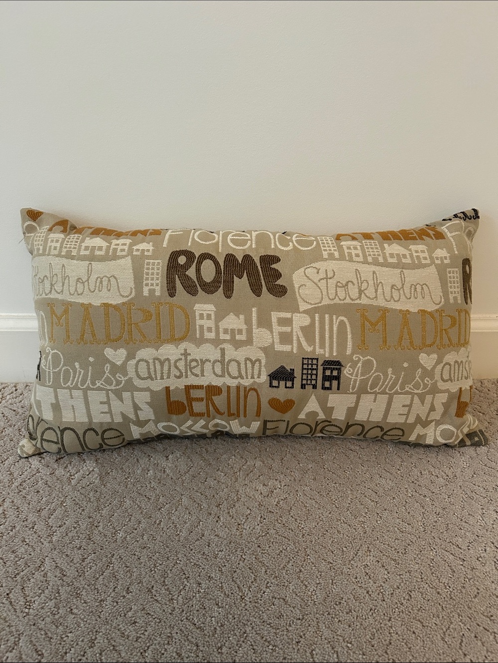 European City Names Decorative Lumbar Pillow in Beige, Brown & Gold